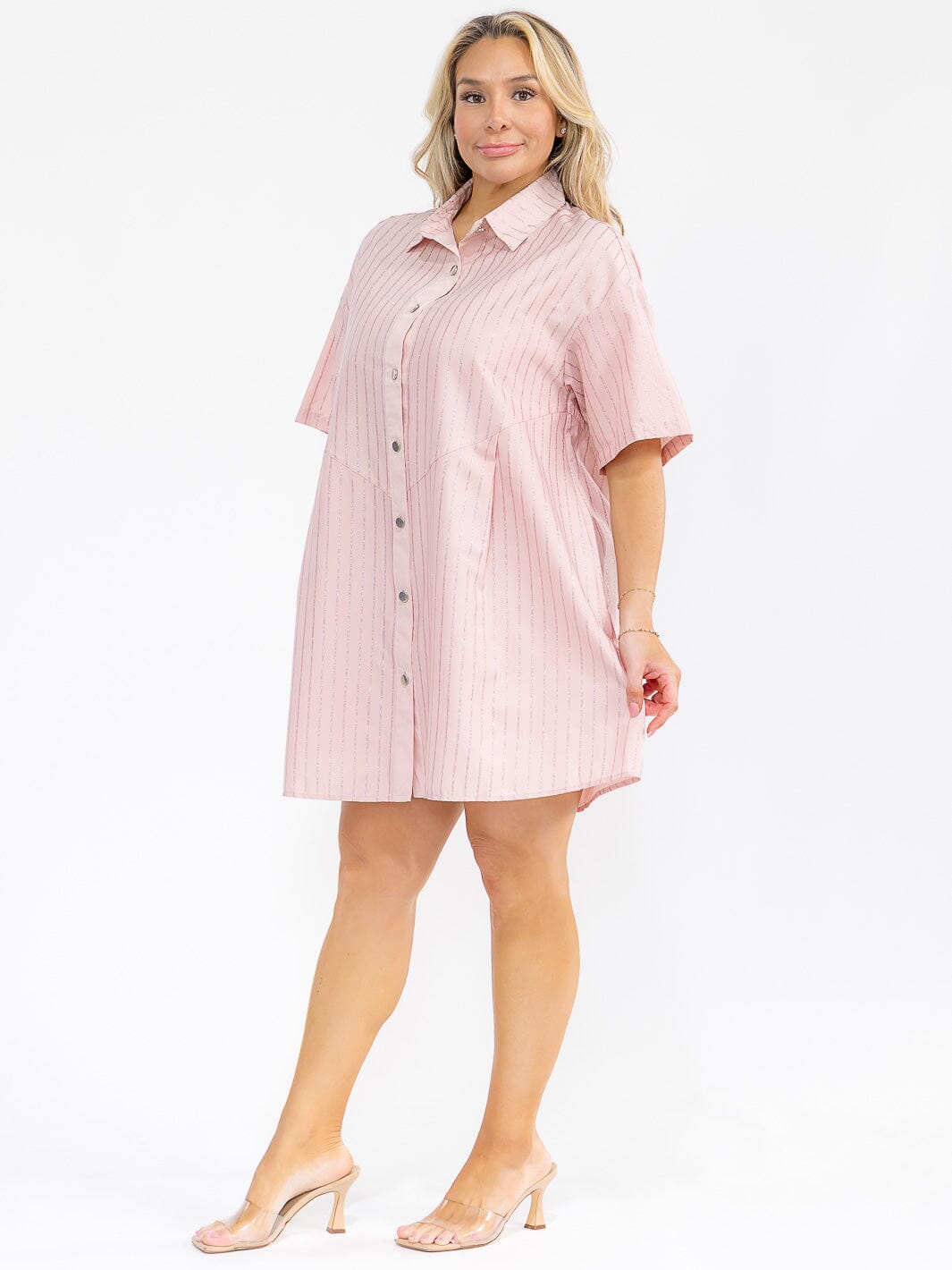 PLUS SIZE SHORT SLEEVE BUTTON UP SHIMMER STRIPES LOOSE FIT MINI DRESS