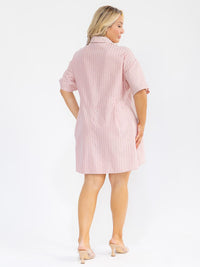 PLUS SIZE SHORT SLEEVE BUTTON UP SHIMMER STRIPES LOOSE FIT MINI DRESS