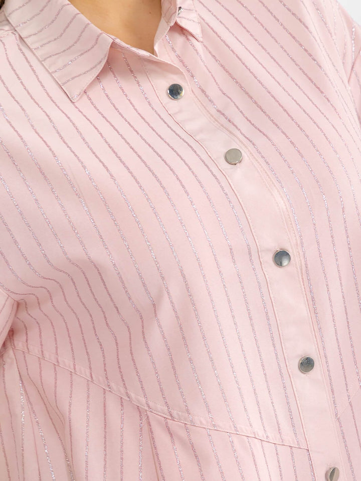 PLUS SIZE SHORT SLEEVE BUTTON UP SHIMMER STRIPES LOOSE FIT MINI DRESS