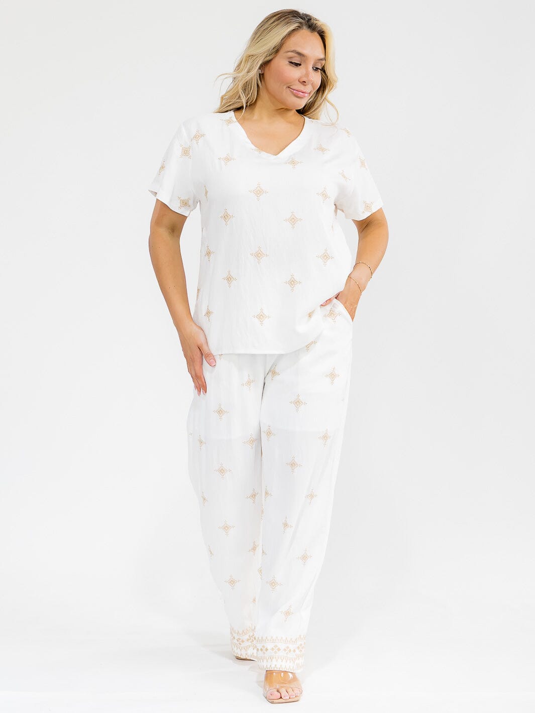 PLUS SIZE SHORT SLEEVE BLOUSE & ELASTIC WAIST PANTS EMBROIDERY 2PC. SET