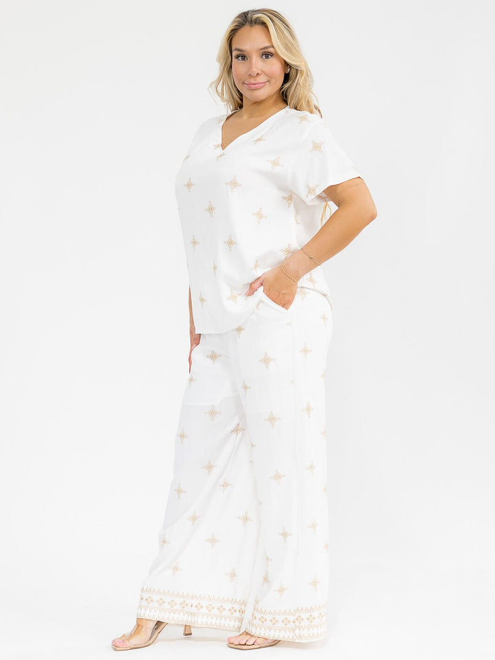 PLUS SIZE SHORT SLEEVE BLOUSE & ELASTIC WAIST PANTS EMBROIDERY 2PC. SET