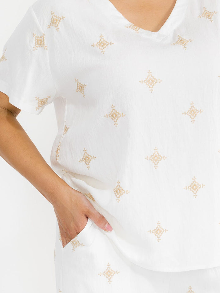 PLUS SIZE SHORT SLEEVE BLOUSE & ELASTIC WAIST PANTS EMBROIDERY 2PC. SET