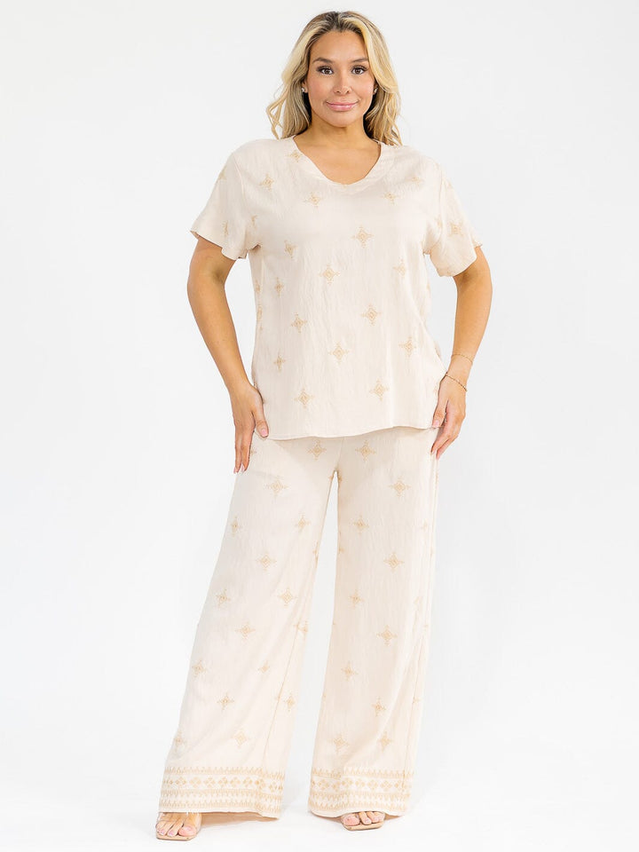 PLUS SIZE SHORT SLEEVE BLOUSE & ELASTIC WAIST PANTS EMBROIDERY 2PC. SET