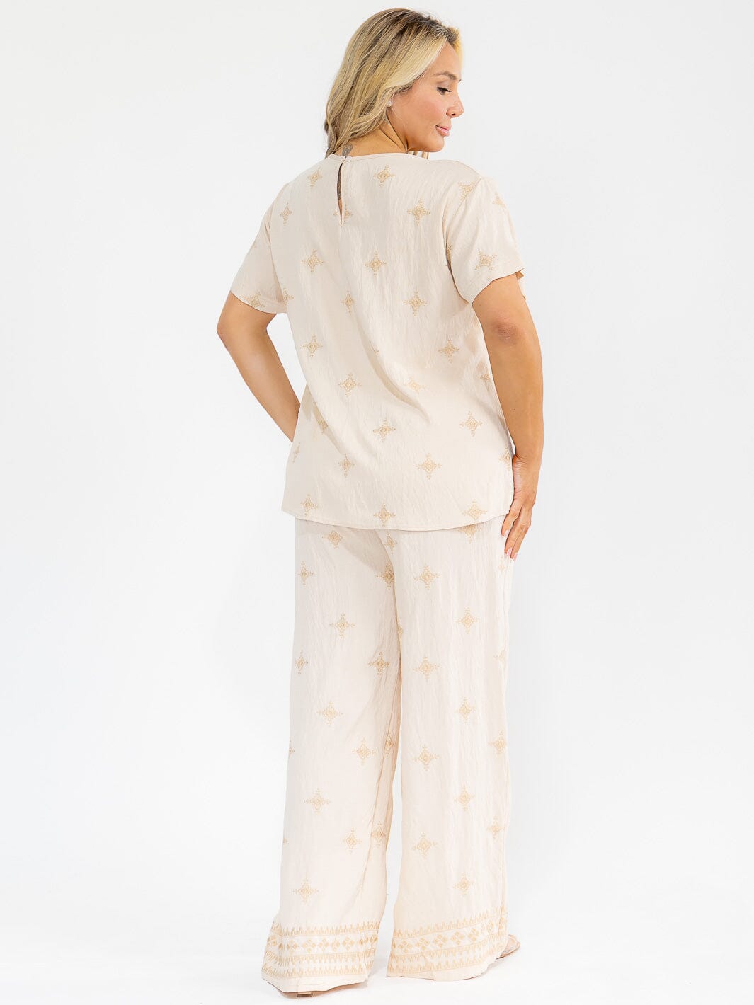 PLUS SIZE SHORT SLEEVE BLOUSE & ELASTIC WAIST PANTS EMBROIDERY 2PC. SET