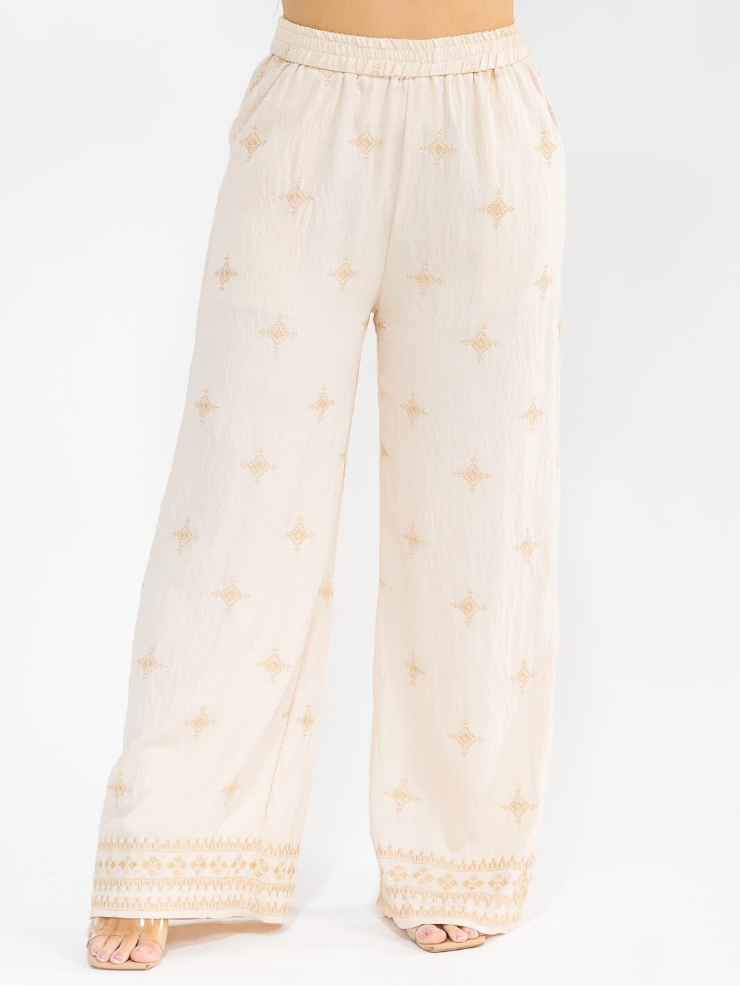 PLUS SIZE SHORT SLEEVE BLOUSE & ELASTIC WAIST PANTS EMBROIDERY 2PC. SET