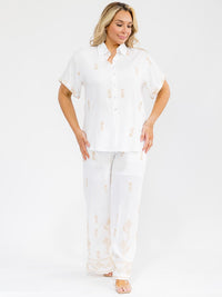 PLUS SIZE SHORT SLEEVE BLOUSE & ELASTIC WAIST PANTS EMBROIDERY 2PC. SET