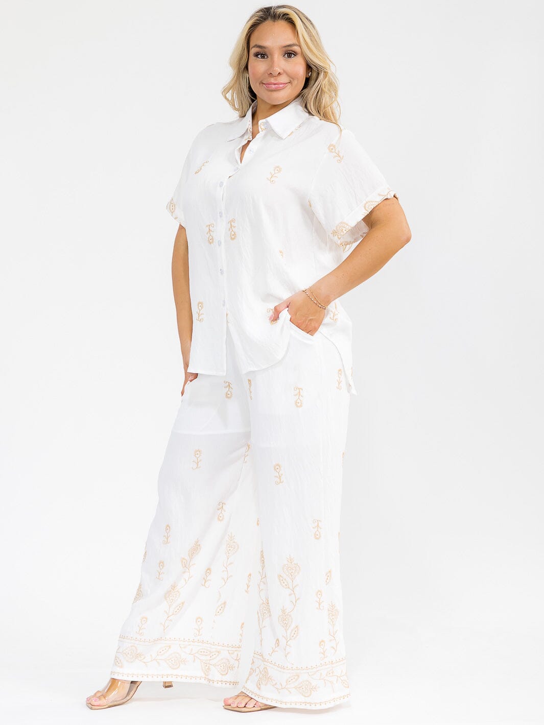 PLUS SIZE SHORT SLEEVE BLOUSE & ELASTIC WAIST PANTS EMBROIDERY 2PC. SET