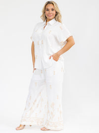 PLUS SIZE SHORT SLEEVE BLOUSE & ELASTIC WAIST PANTS EMBROIDERY 2PC. SET