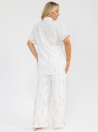 PLUS SIZE SHORT SLEEVE BLOUSE & ELASTIC WAIST PANTS EMBROIDERY 2PC. SET