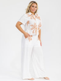 PLUS SIZE SHORT SLEEVE BLOUSE & ELASTIC WAIST PANTS FLORAL EMBROIDERY 2PC. SET