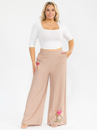 PLUS SIZE ELASTIC WAIST FRONT POCKETS WIDE LEG PALAZZO EMBROIDERY FLORAL PANTS