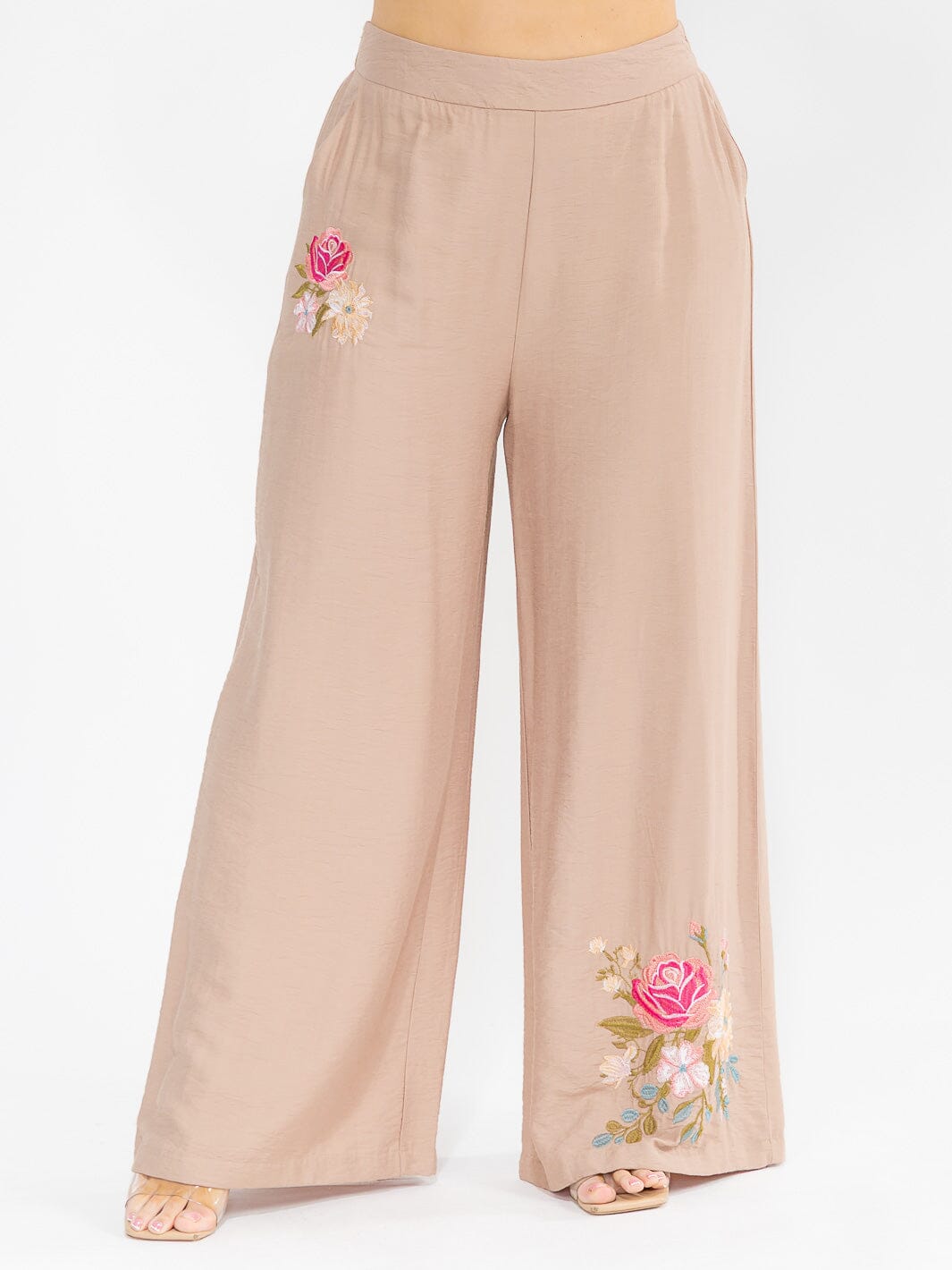 PLUS SIZE ELASTIC WAIST FRONT POCKETS WIDE LEG PALAZZO EMBROIDERY FLORAL PANTS