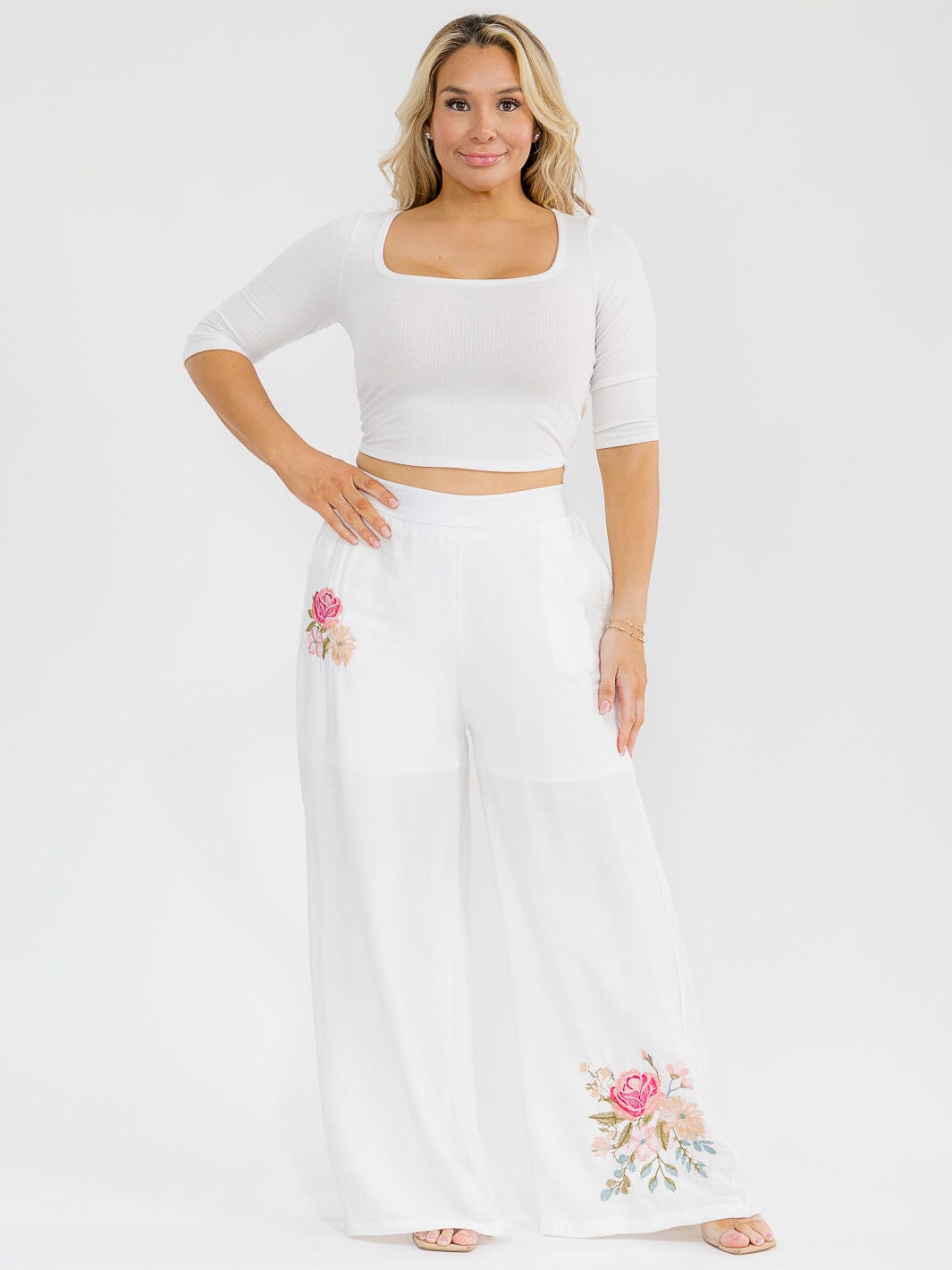PLUS SIZE ELASTIC WAIST FRONT POCKETS WIDE LEG PALAZZO EMBROIDERY FLORAL PANTS