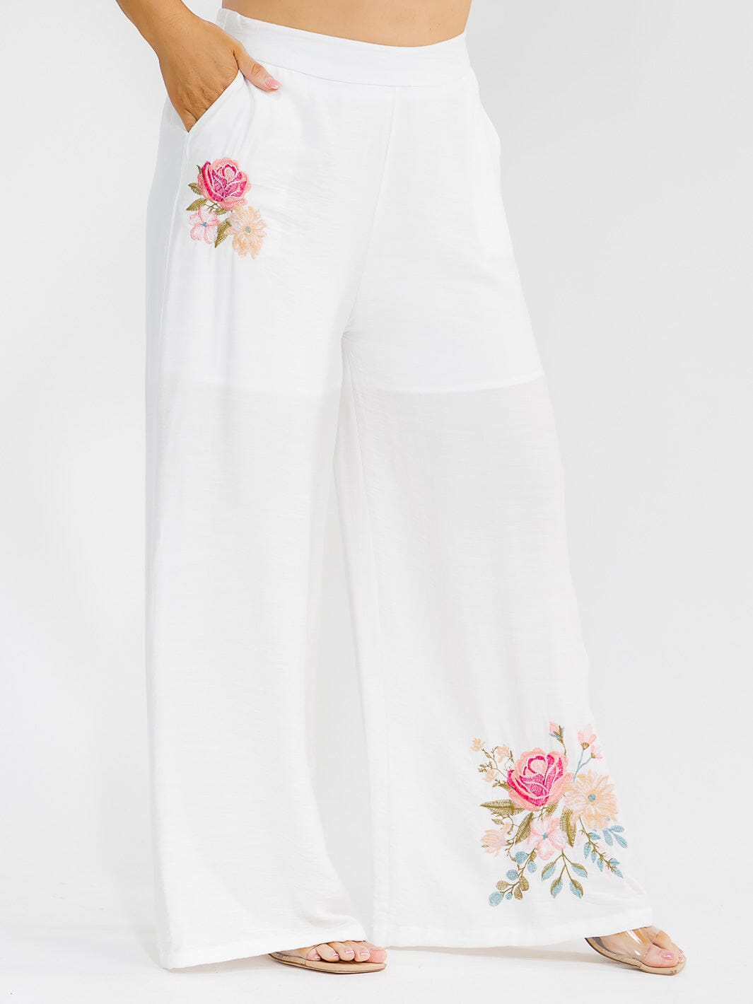 PLUS SIZE ELASTIC WAIST FRONT POCKETS WIDE LEG PALAZZO EMBROIDERY FLORAL PANTS