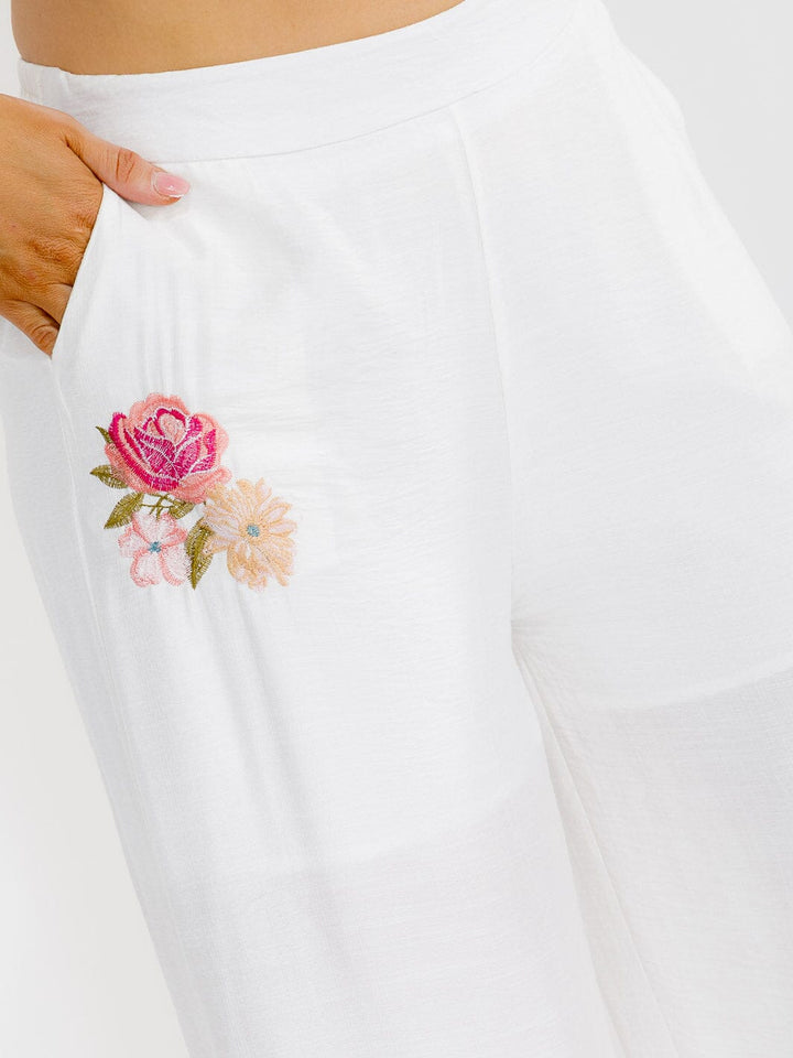 PLUS SIZE ELASTIC WAIST FRONT POCKETS WIDE LEG PALAZZO EMBROIDERY FLORAL PANTS