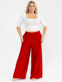PLUS SIZE ELASTIC WAIST FRONT POCKETS WIDE LEG PALAZZO SIDE TRIM DETAILED PANTS