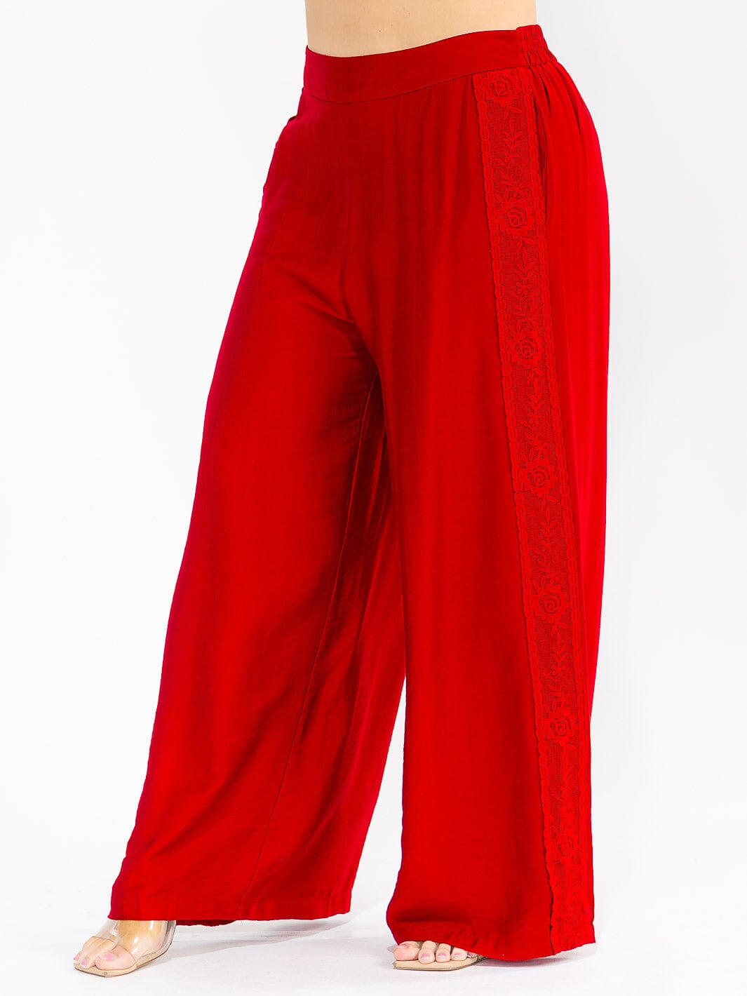 PLUS SIZE ELASTIC WAIST FRONT POCKETS WIDE LEG PALAZZO SIDE TRIM DETAILED PANTS