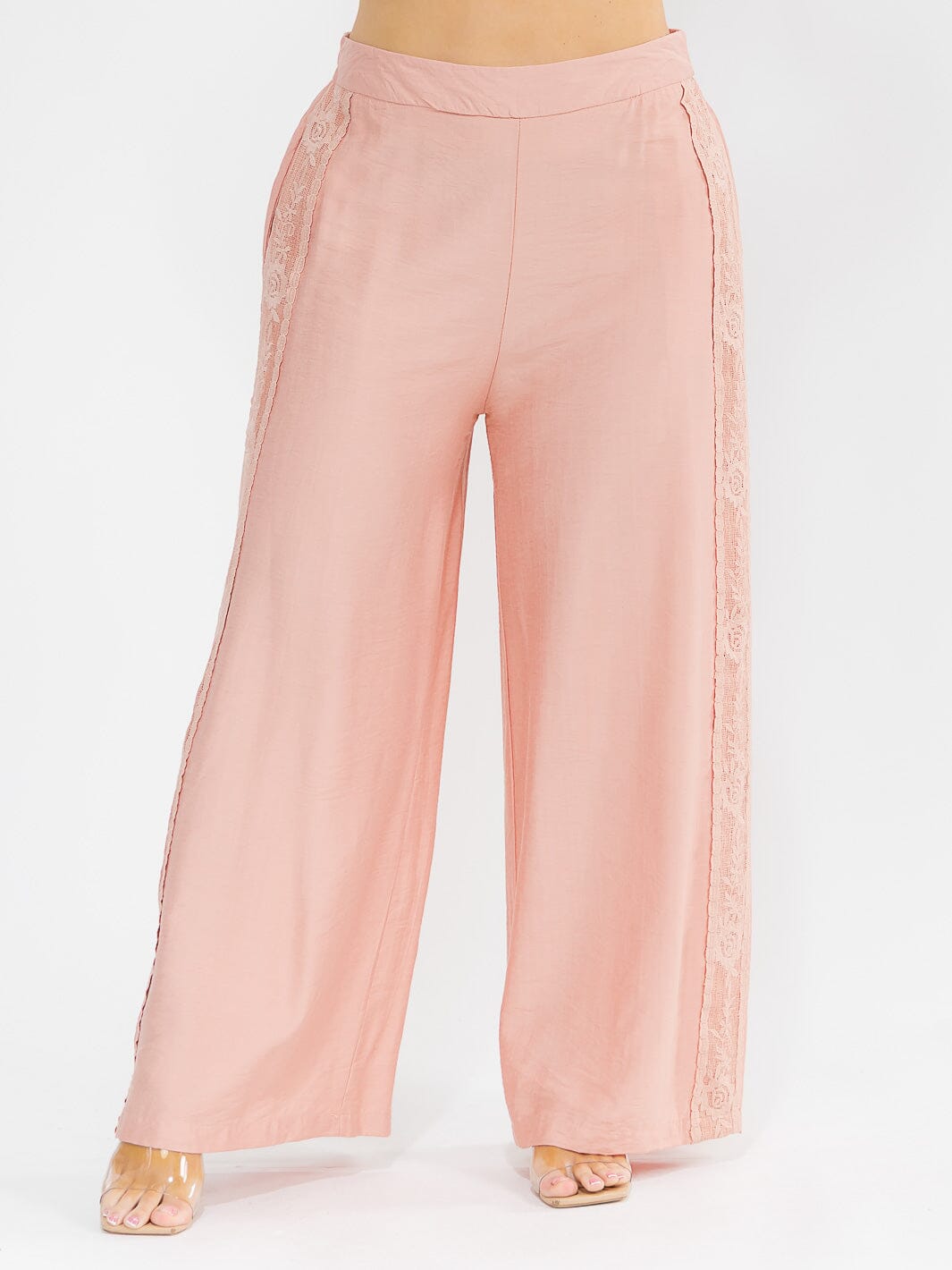 PLUS SIZE ELASTIC WAIST FRONT POCKETS WIDE LEG PALAZZO SIDE TRIM DETAILED PANTS