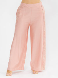 PLUS SIZE ELASTIC WAIST FRONT POCKETS WIDE LEG PALAZZO SIDE TRIM DETAILED PANTS