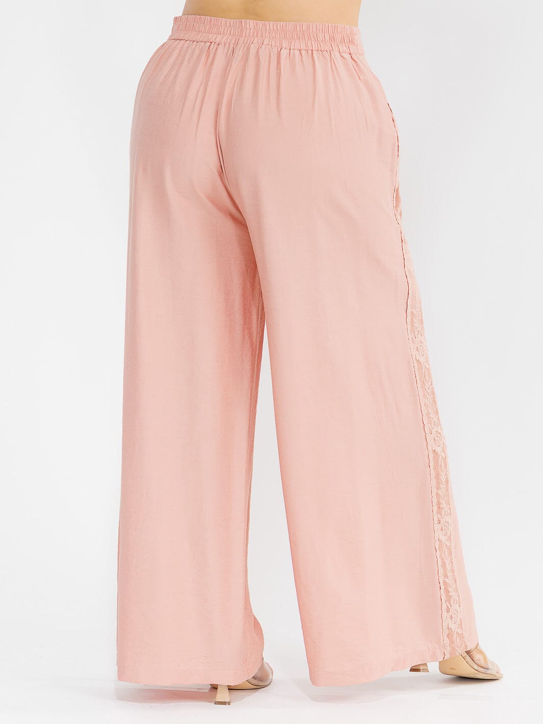 PLUS SIZE ELASTIC WAIST FRONT POCKETS WIDE LEG PALAZZO SIDE TRIM DETAILED PANTS