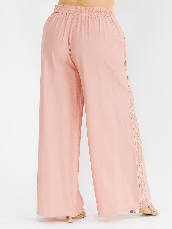 PLUS SIZE ELASTIC WAIST FRONT POCKETS WIDE LEG PALAZZO SIDE TRIM DETAILED PANTS