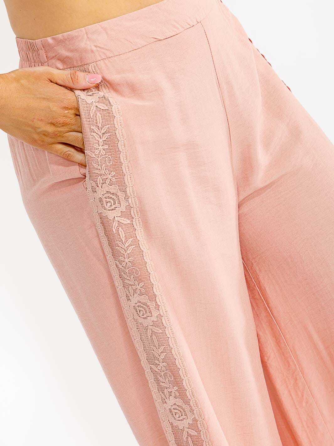 PLUS SIZE ELASTIC WAIST FRONT POCKETS WIDE LEG PALAZZO SIDE TRIM DETAILED PANTS