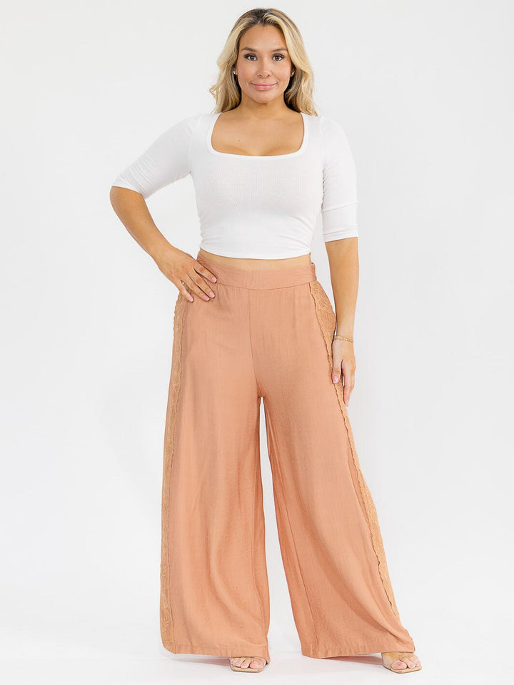 PLUS SIZE ELASTIC WAIST FRONT POCKETS WIDE LEG PALAZZO SIDE TRIM DETAILED PANTS