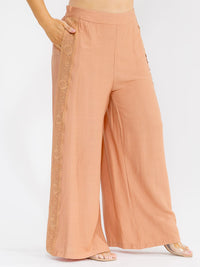PLUS SIZE ELASTIC WAIST FRONT POCKETS WIDE LEG PALAZZO SIDE TRIM DETAILED PANTS
