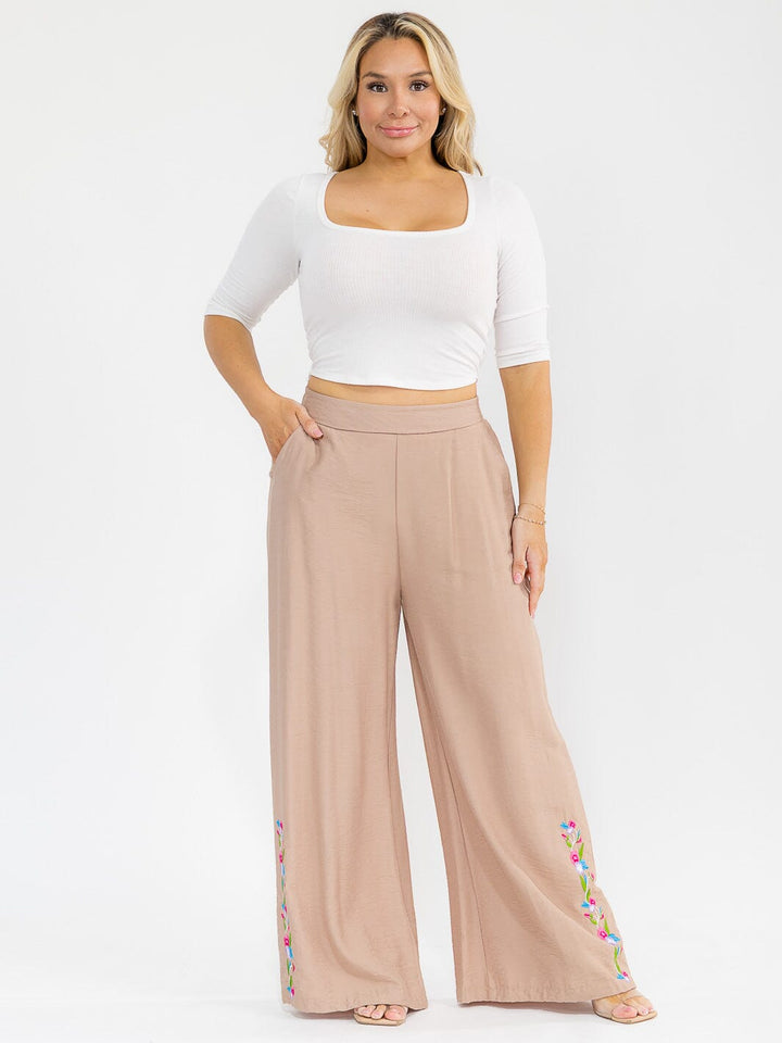 PLUS SIZE ELASTIC WAIST FRONT POCKETS WIDE LEG PALAZZO EMBROIDERY FLORAL PANTS