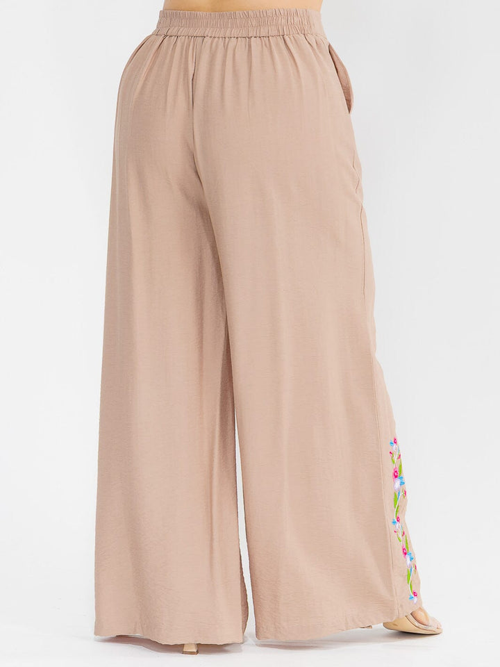 PLUS SIZE ELASTIC WAIST FRONT POCKETS WIDE LEG PALAZZO EMBROIDERY FLORAL PANTS