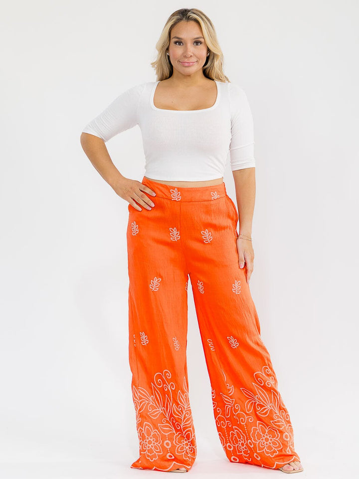 PLUS SIZE ELASTIC WAIST FRONT POCKETS WIDE LEG PALAZZO EMBROIDERY FLORAL PANTS
