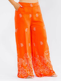 PLUS SIZE ELASTIC WAIST FRONT POCKETS WIDE LEG PALAZZO EMBROIDERY FLORAL PANTS