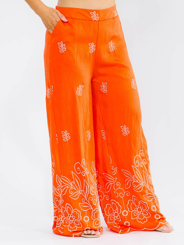 PLUS SIZE ELASTIC WAIST FRONT POCKETS WIDE LEG PALAZZO EMBROIDERY FLORAL PANTS