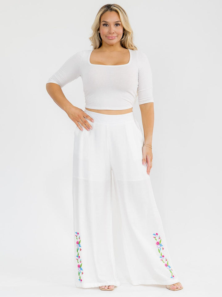 PLUS SIZE ELASTIC WAIST FRONT POCKETS WIDE LEG PALAZZO EMBROIDERY FLORAL PANTS