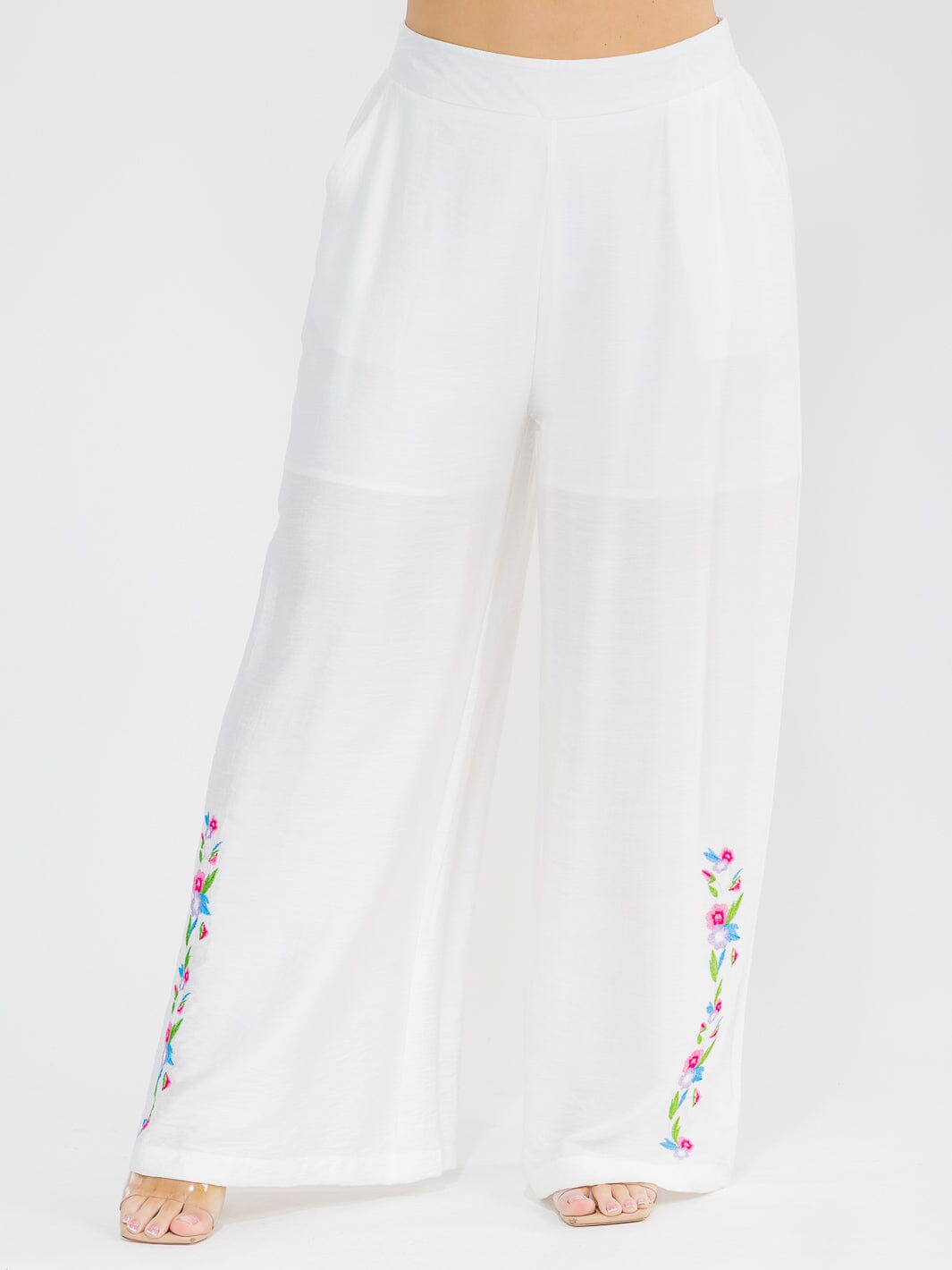 PLUS SIZE ELASTIC WAIST FRONT POCKETS WIDE LEG PALAZZO EMBROIDERY FLORAL PANTS