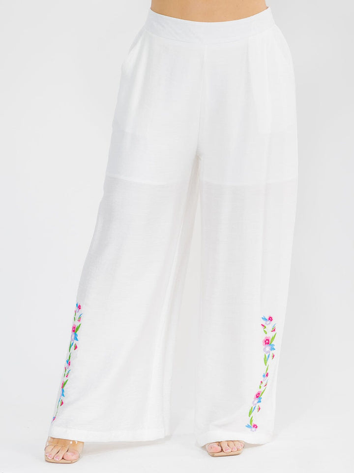 PLUS SIZE ELASTIC WAIST FRONT POCKETS WIDE LEG PALAZZO EMBROIDERY FLORAL PANTS