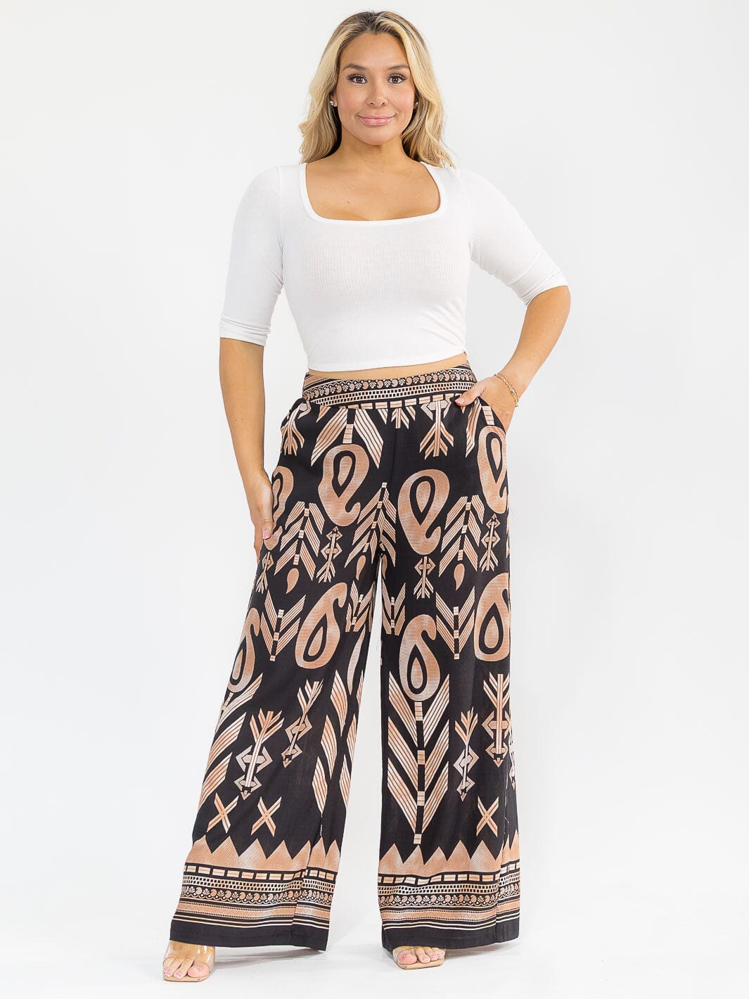 PLUS SIZE ELASTIC WAIST FRONT POCKETS WIDE LEG PALAZZO PRINT PANTS