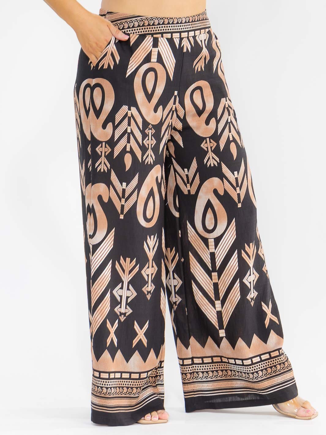 PLUS SIZE ELASTIC WAIST FRONT POCKETS WIDE LEG PALAZZO PRINT PANTS