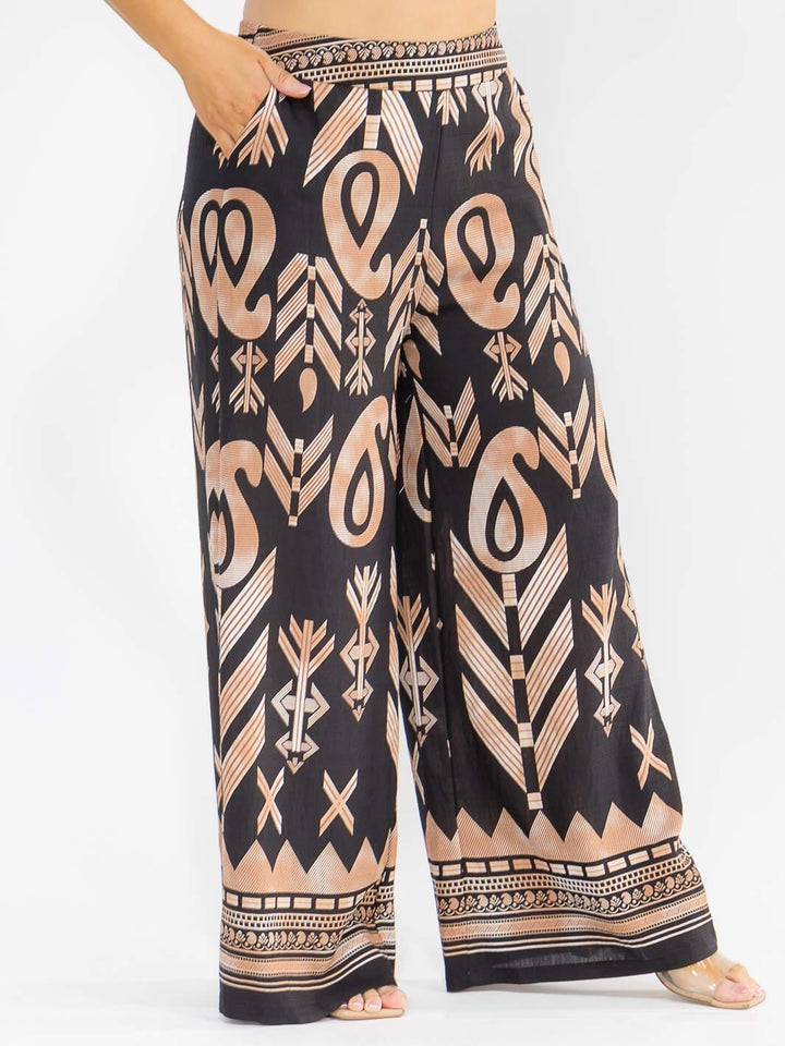 PLUS SIZE ELASTIC WAIST FRONT POCKETS WIDE LEG PALAZZO PRINT PANTS