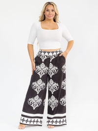PLUS SIZE ELASTIC WAIST FRONT POCKETS WIDE LEG PALAZZO PRINT PANTS