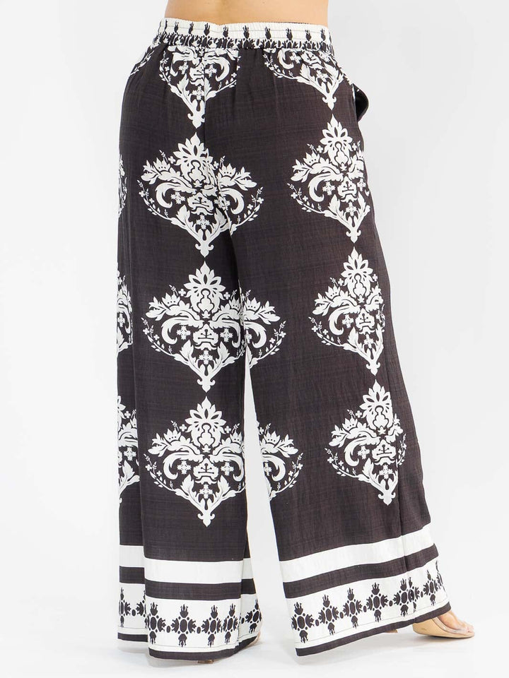PLUS SIZE ELASTIC WAIST FRONT POCKETS WIDE LEG PALAZZO PRINT PANTS