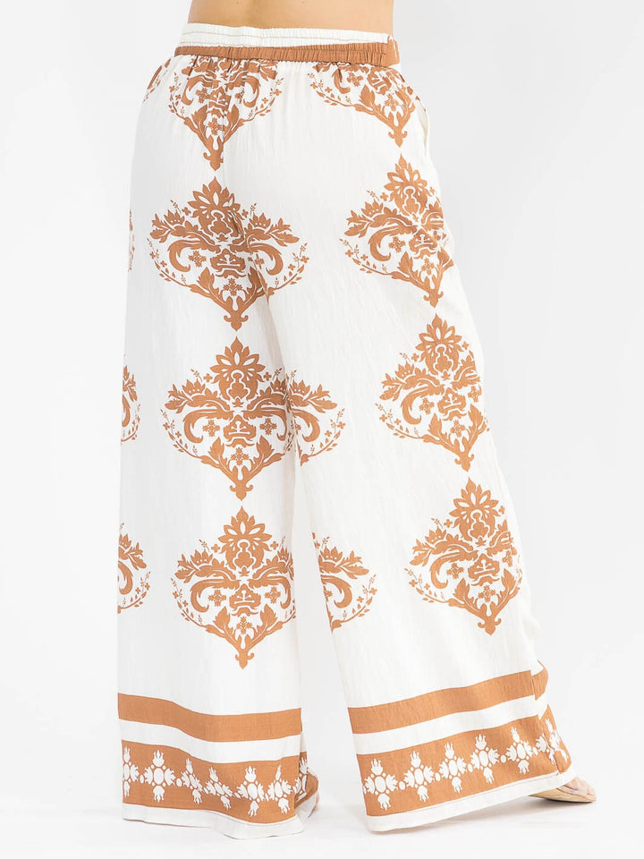 PLUS SIZE ELASTIC WAIST FRONT POCKETS WIDE LEG PALAZZO PRINT PANTS
