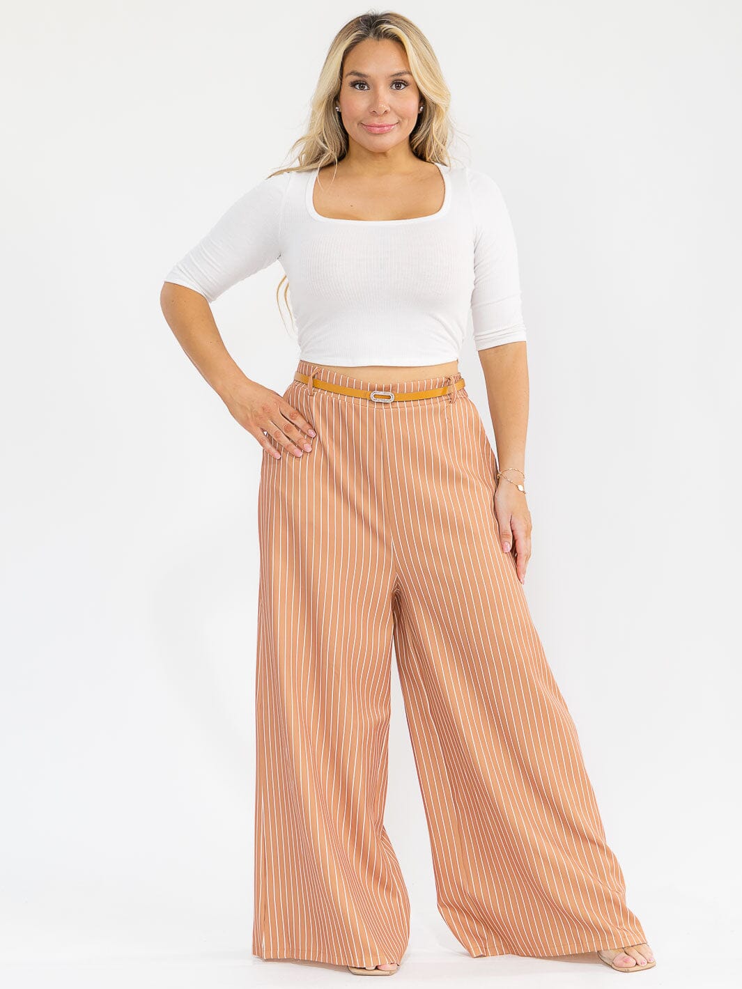 PLUS SIZE BUTTON CLOSURE BELTED FRONT POCKETS WIDE LEG PALAZZO STRIPES PANTS