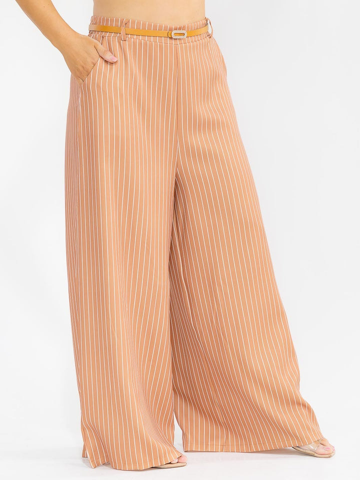 PLUS SIZE BUTTON CLOSURE BELTED FRONT POCKETS WIDE LEG PALAZZO STRIPES PANTS