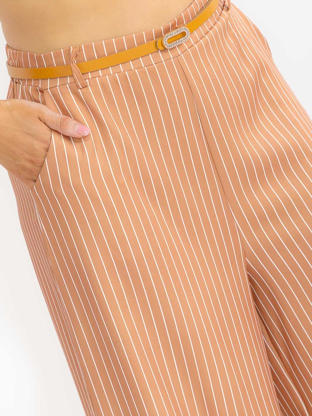 PLUS SIZE BUTTON CLOSURE BELTED FRONT POCKETS WIDE LEG PALAZZO STRIPES PANTS