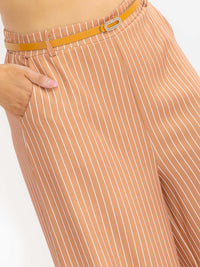 PLUS SIZE BUTTON CLOSURE BELTED FRONT POCKETS WIDE LEG PALAZZO STRIPES PANTS
