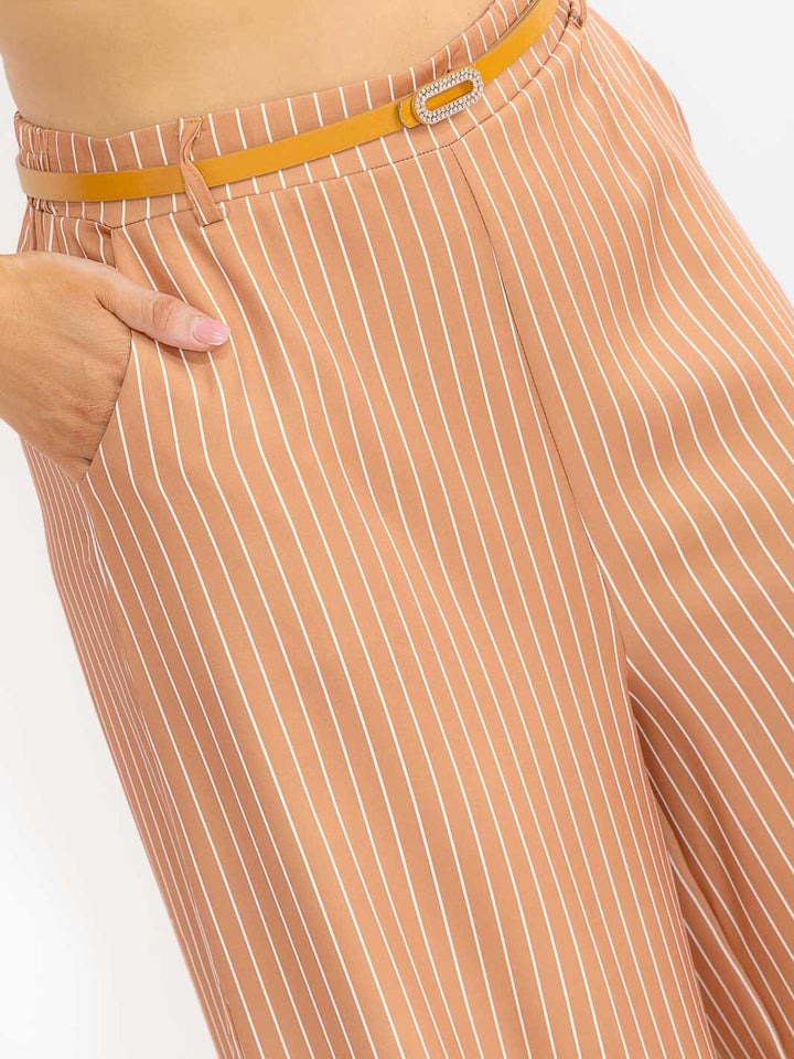 PLUS SIZE BUTTON CLOSURE BELTED FRONT POCKETS WIDE LEG PALAZZO STRIPES PANTS