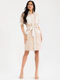 WOMEN'S SHORT SLEEVE BUTTON UP FRONT POCKETS SELF TIE COLORBLOCK MIDI DRESS