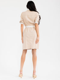 WOMEN'S SHORT SLEEVE BUTTON UP FRONT POCKETS SELF TIE COLORBLOCK MIDI DRESS