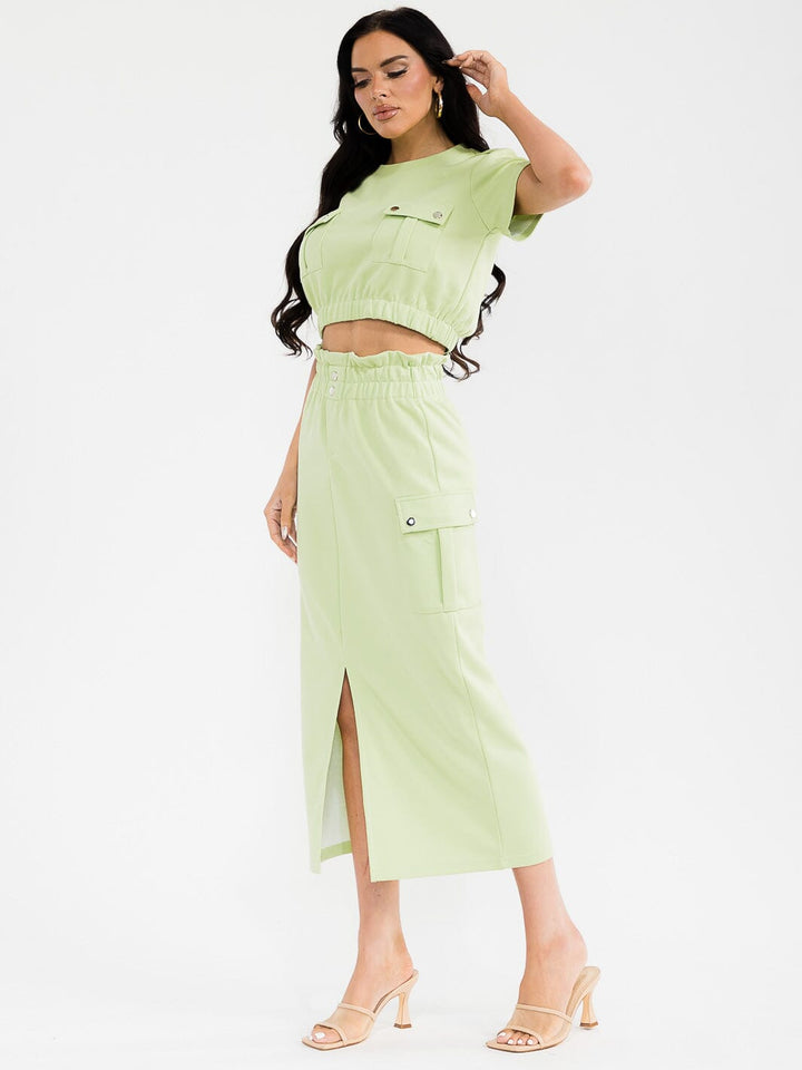 WOMEN'S SHORT SLEEVE TOP & ELASTIC WAIST MAXI SKIRT SOLID 2PC. SET